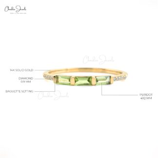 Dainty Stacking Band with 0.24 Ct Green Peridot And Diamond 14k Yellow Gold Ring
