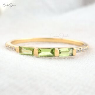 Dainty Stacking Band with 0.24 Ct Green Peridot And Diamond 14k Yellow Gold Ring