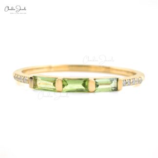 Dainty Stacking Band with 0.24 Ct Green Peridot And Diamond 14k Yellow Gold Ring