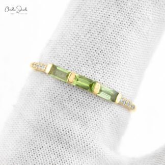 Dainty Stacking Band with 0.24 Ct Green Peridot And Diamond 14k Yellow Gold Ring