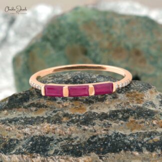 Dainty Diamond Ring With 4x2mm Baguette Ruby Trio Stone Wedding Ring In 14k Rose Gold