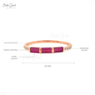Dainty Diamond Ring With 4x2mm Baguette Ruby Trio Stone Wedding Ring In 14k Rose Gold
