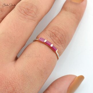 Dainty Diamond Ring With 4x2mm Baguette Ruby Trio Stone Wedding Ring In 14k Rose Gold