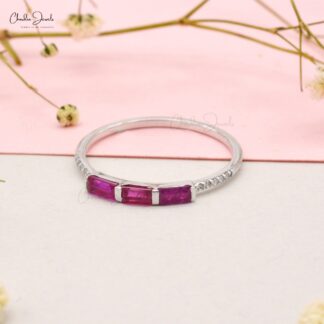 Dainty Diamond with 0.24 Ct Burma Ruby Accents in 14k Solid Gold Stackable Ring