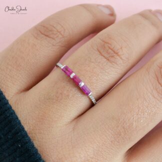 Dainty Diamond with 0.24 Ct Burma Ruby Accents in 14k Solid Gold Stackable Ring
