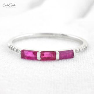 Dainty Diamond with 0.24 Ct Burma Ruby Accents in 14k Solid Gold Stackable Ring