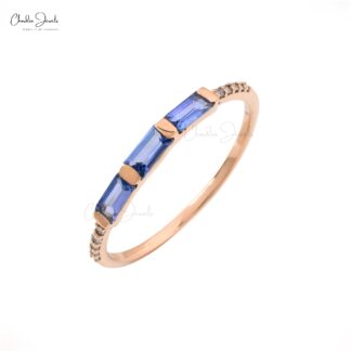 Dainty Trilogy Eternity Ring In 14k Solid Rose Gold Genuine Tanzanite & Diamond Accents Band