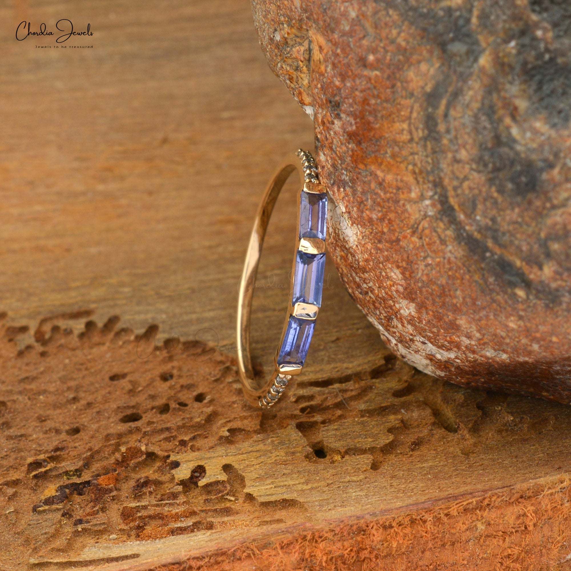 Dainty Trilogy Eternity Ring In 14k Solid Rose Gold Genuine Tanzanite & Diamond Accents Band