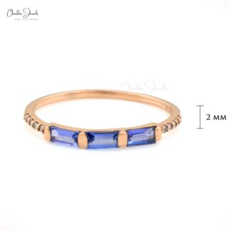 Dainty Trilogy Eternity Ring In 14k Solid Rose Gold Genuine Tanzanite & Diamond Accents Band