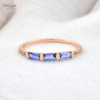 Dainty Trilogy Eternity Ring In 14k Solid Rose Gold Genuine Tanzanite & Diamond Accents Band