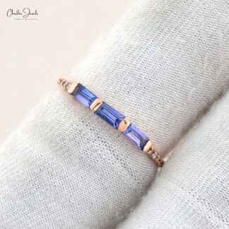 Dainty Trilogy Eternity Ring In 14k Solid Rose Gold Genuine Tanzanite & Diamond Accents Band