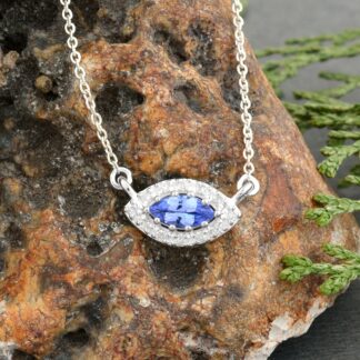 Delicate Evil Eye Charm With 0.22 Ct Tanzanite And Diamond Halo Necklace In 14k White Gold