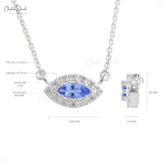 Delicate Evil Eye Charm With 0.22 Ct Tanzanite And Diamond Halo Necklace In 14k White Gold