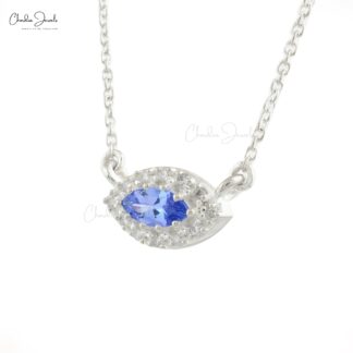 Delicate Evil Eye Charm With 0.22 Ct Tanzanite And Diamond Halo Necklace In 14k White Gold