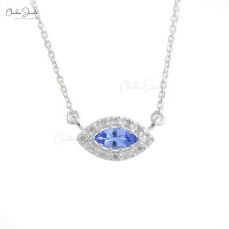 Delicate Evil Eye Charm With 0.22 Ct Tanzanite And Diamond Halo Necklace In 14k White Gold