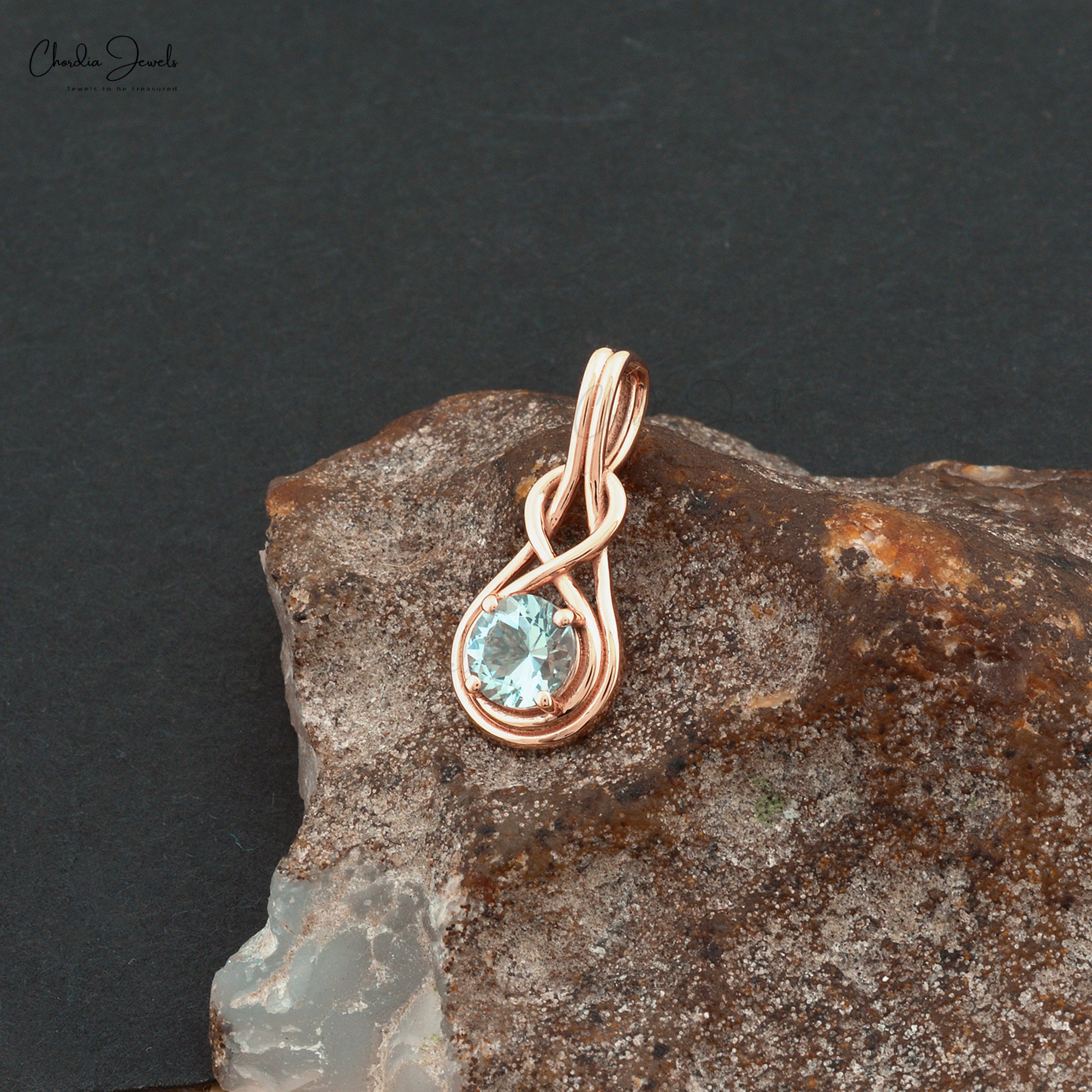 Genuine Aquamarine Solitaire Pendant In Solid 14k Rose Gold Infinity Hallmarked Necklace