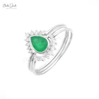 Dual Birthstone Halo Ring In 14k White Gold Pear Emerald Diamond Stackable Women Rings