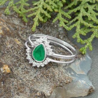 Dual Birthstone Halo Ring In 14k White Gold Pear Emerald Diamond Stackable Women Rings