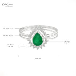 Dual Birthstone Halo Ring In 14k White Gold Pear Emerald Diamond Stackable Women Rings