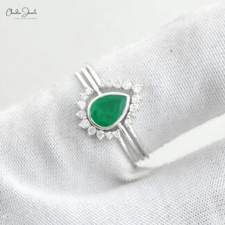 Dual Birthstone Halo Ring In 14k White Gold Pear Emerald Diamond Stackable Women Rings