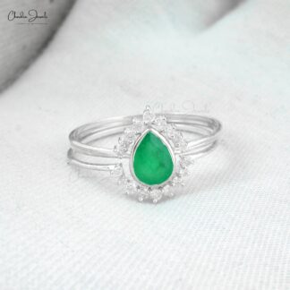 Dual Birthstone Halo Ring In 14k White Gold Pear Emerald Diamond Stackable Women Rings