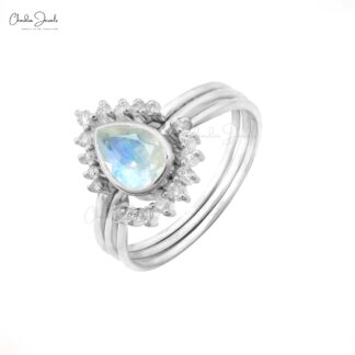 Bezel Set Moonstone Stackable Band With 7x5mm Gemstone And Diamond 14k White Gold Rings
