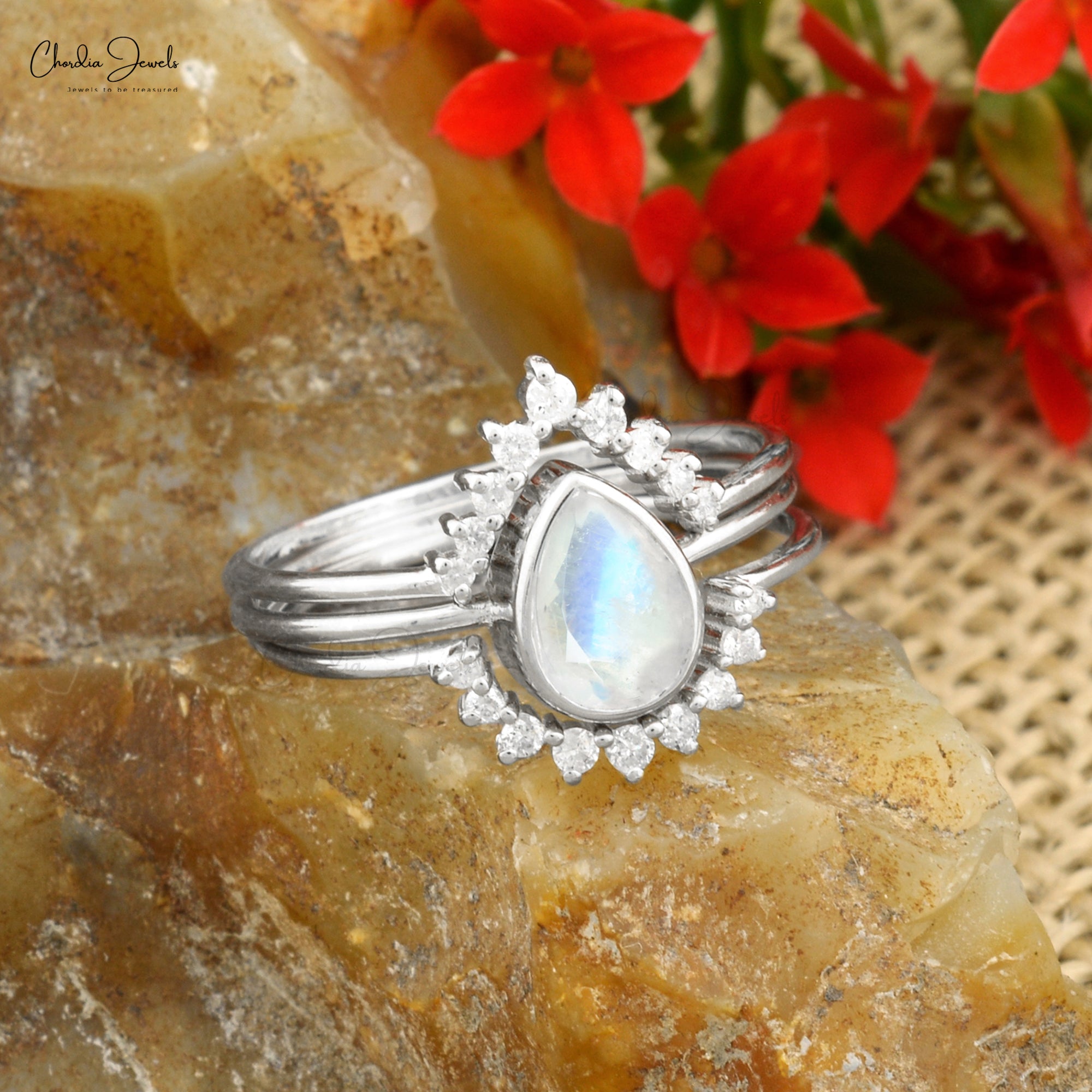 Bezel Set Moonstone Stackable Band With 7x5mm Gemstone And Diamond 14k White Gold Rings