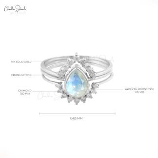 Bezel Set Moonstone Stackable Band With 7x5mm Gemstone And Diamond 14k White Gold Rings