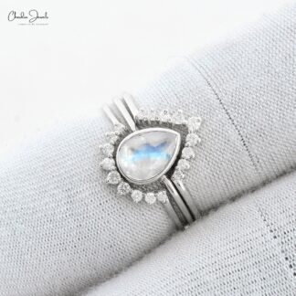 Bezel Set Moonstone Stackable Band With 7x5mm Gemstone And Diamond 14k White Gold Rings