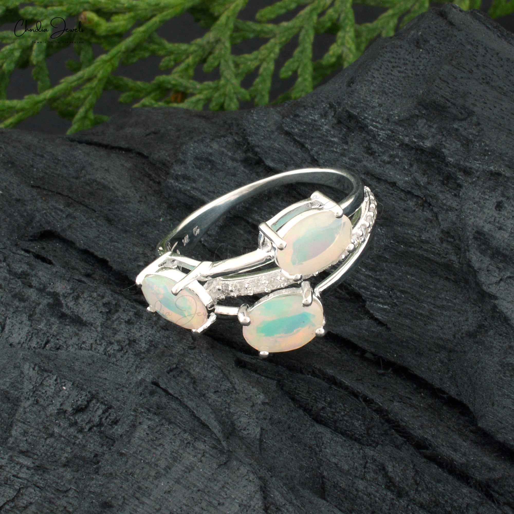 Genuine Opal Split Shank Ring with 7x5mm Gemstone And G-H Diamond Jewelry In 14k White Gold