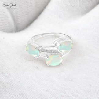 Genuine Opal Split Shank Ring with 7x5mm Gemstone And G-H Diamond Jewelry In 14k White Gold