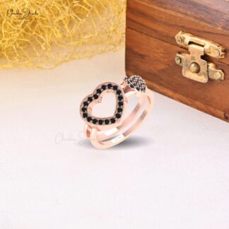 Open Heart Promise Ring In Real 14k Gold Black Diamond 1.5mm Round Women Rings