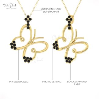 Cluster Curved Butterfly Pendant In 14k Real Gold Black Diamond Papillon Fine Jewelry