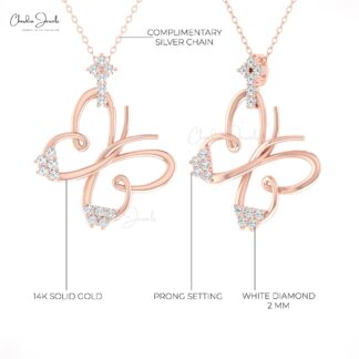 Diamond Butterfly Pendant With 2mm Round G-H Diamond Minimal Necklace In 14k Solid Gold