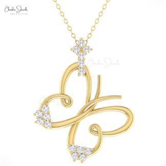 Diamond Butterfly Pendant With 2mm Round G-H Diamond Minimal Necklace In 14k Solid Gold
