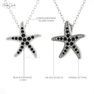 Starfish Pave Set Pendant With 1.5mm Black Diamond 14k Solid Gold Cluster Necklace