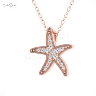 Real 14k Gold Cluster Pendant In 0.157 Ct White Diamond Star Fish Necklace For Women