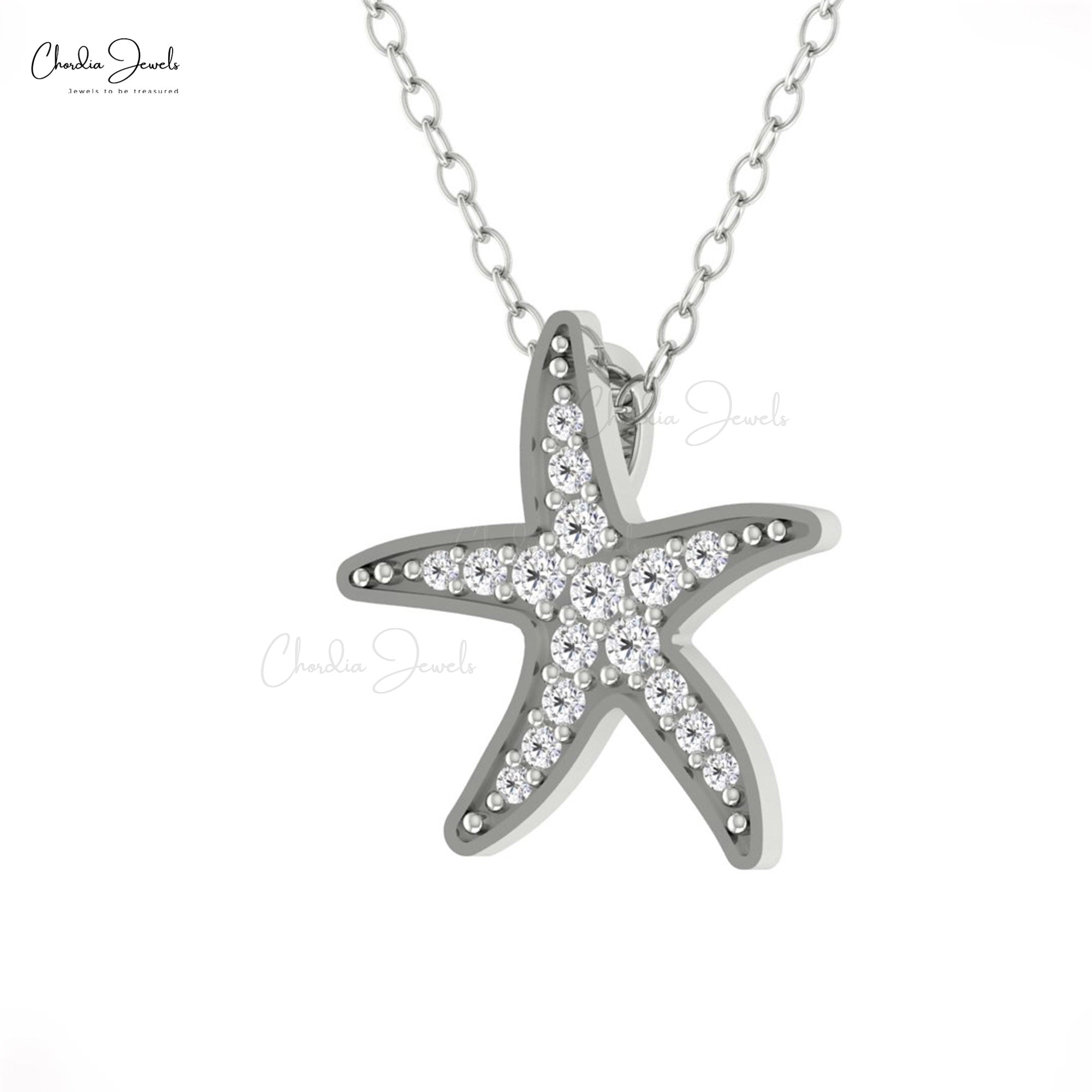 Real 14k Gold Cluster Pendant In 0.157 Ct White Diamond Star Fish Necklace For Women
