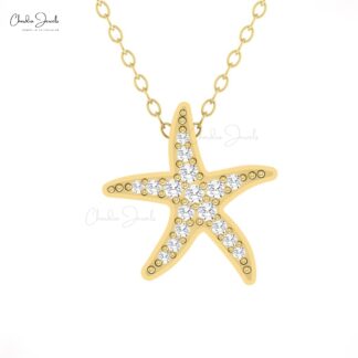 Real 14k Gold Cluster Pendant In 0.157 Ct White Diamond Star Fish Necklace For Women