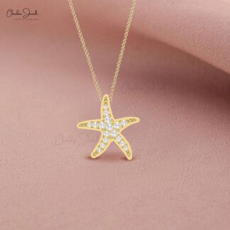Real 14k Gold Cluster Pendant In 0.157 Ct White Diamond Star Fish Necklace For Women