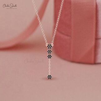 Y Shape Lariat Chain Pendant In 14k Solid Gold Black Diamond Cluster Necklace