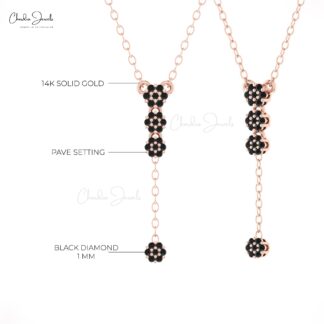Y Shape Lariat Chain Pendant In 14k Solid Gold Black Diamond Cluster Necklace