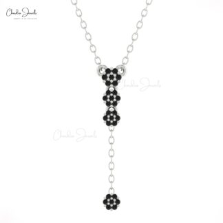 Y Shape Lariat Chain Pendant In 14k Solid Gold Black Diamond Cluster Necklace