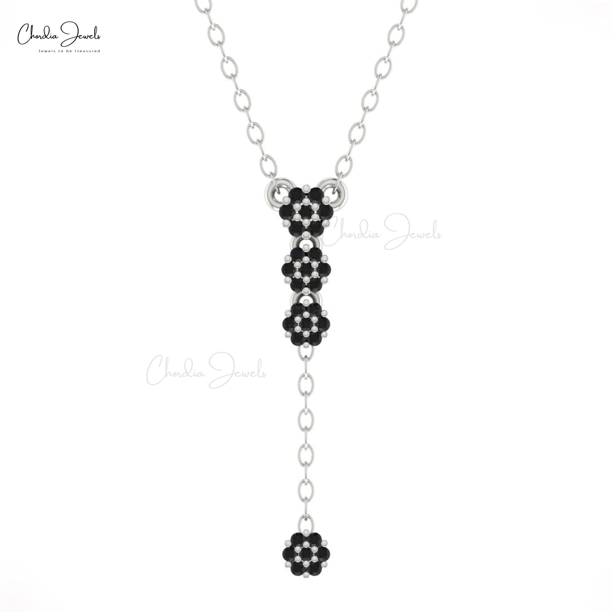 Y Shape Lariat Chain Pendant In 14k Solid Gold Black Diamond Cluster Necklace