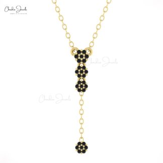 Y Shape Lariat Chain Pendant In 14k Solid Gold Black Diamond Cluster Necklace