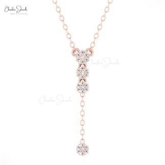 Cluster Drop Necklace With 0.12 Ct White Diamond Pave Set In 14k Solid Gold Necklaces