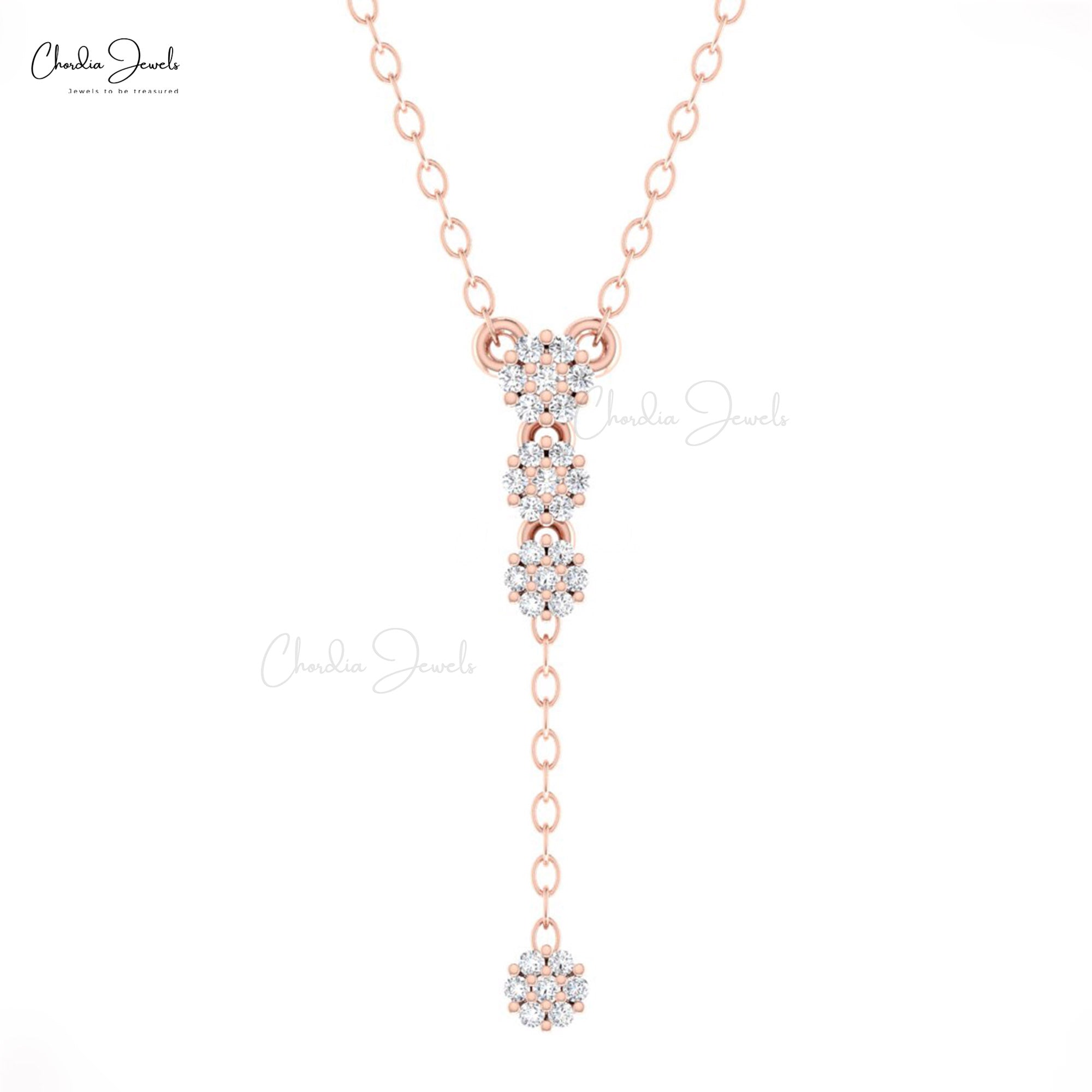 Cluster Drop Necklace With 0.12 Ct White Diamond Pave Set In 14k Solid Gold Necklaces