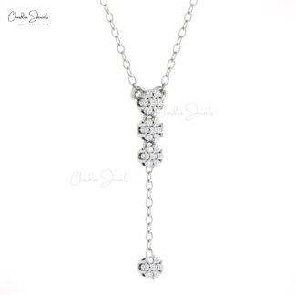 Cluster Drop Necklace With 0.12 Ct White Diamond Pave Set In 14k Solid Gold Necklaces