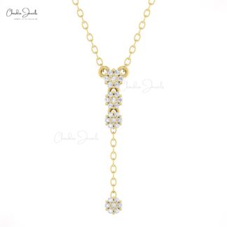 Cluster Drop Necklace With 0.12 Ct White Diamond Pave Set In 14k Solid Gold Necklaces
