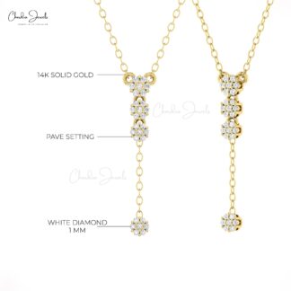 Cluster Drop Necklace With 0.12 Ct White Diamond Pave Set In 14k Solid Gold Necklaces